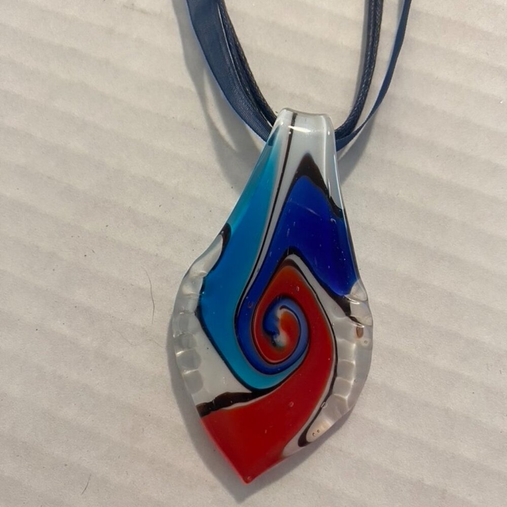 Murano Glass Style Teardrop Shaped 3 Inch Pendant with 18 Inch Ribbon Necklace